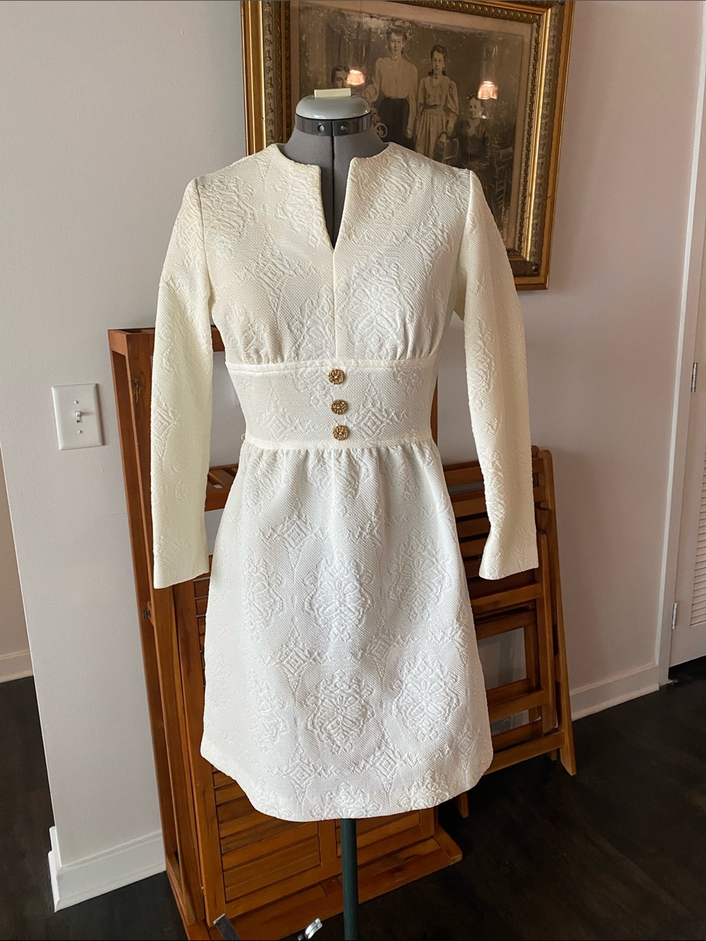 Vintage Cream Long-Sleeve Textured 1970s Waist Dress with Gold Buttons